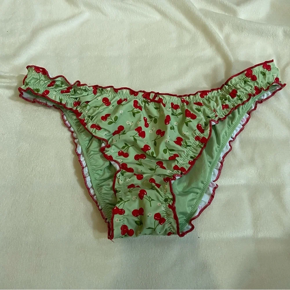 New! Frankie's Bikinis X PINK hudson Green Cherry Print Bikini Bottom 1543